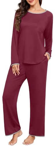 PrinStory Pigiama da donna a maniche lunghe, con scollo rotondo e gamba larga, abbigliamento da casa con tasche