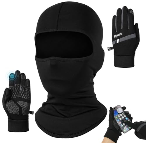 Alaoo Máscara de Pasamontañas,2 Pzs Balaclava Protector con Guantes de Ciclismo Protector UV, Pasamontañas Moto para Motocicleta Hombre y Mujer,para Snowboard, esquí, Ciclismo(2PCS-Forrado Polar)