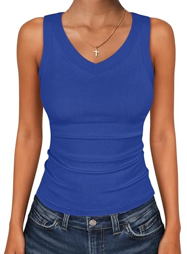 ANRABESS Tank Tops for Women V Neck Summer Sleeveless Ribbed Knit Deep Blue M