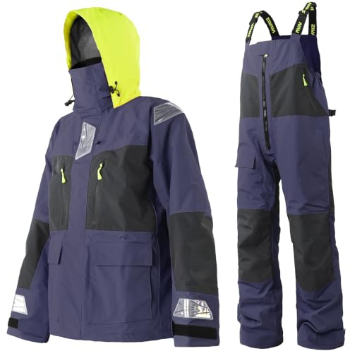Men's PRO Offshore Sailing Suit, Waterproof Jacket & Bib Trousers | Ocean High-Tech, Hi-Vis Hood, Reinforced Hips & Knees, Adjustable Braces, Reflective Safety Details, Coastal Cruising