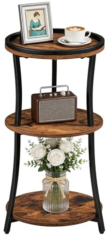 MAHANCRIS Round Side Table, 3-Tier Small End Table with Raised Edge, Nightstand with Storage Shelves, Industrial Coffee Table, for Living Room, Bedroom, Small Spaces, Rustic Brown AETHR3201