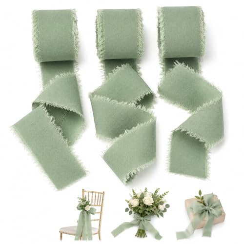 RhiVrillion Cinta de Tela Chiffon – 15m Set – Cinta Regalo Verde – Ribbon Eucalipto – Lazo Verde para Manualidades, Bouquets, Decoración de Sillas