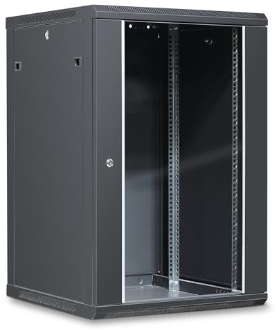 WAYTEX 37414 Coffret 19 Pouces 18U 600 x 600, Coffret Mural ou posé sur Pieds Fournis - Porte vitrée à Serrure - Couleur Noir