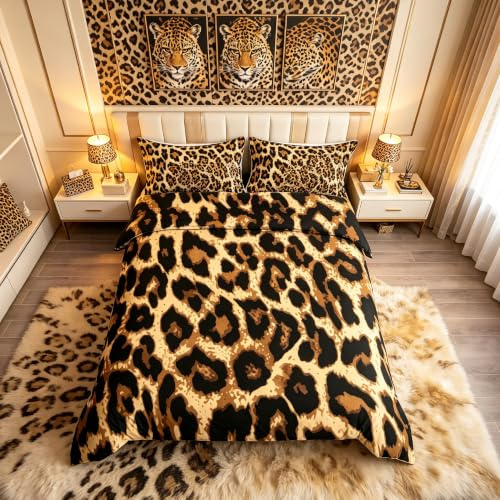 Leopard Print Duvet Cover Cheetah Print Bedding Set Africa Leopard Pattern Decorative Comforter Cover for Boys Girls Children Teens Bedroom Decor Luxury Bedspread Super King With 2 Pillow Case