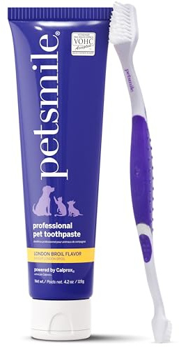 petsmile Professional Pet Teeth Brushing Kit for Cats & Dogs - VOHC Accepted Toothpaste & Patented Toothbrush - Proven to Control Plaque & Tartar Calprox Formula (London Broil, 4.2 Oz)