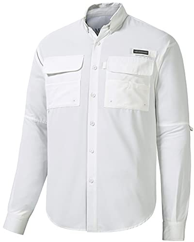 BASSDASH Men's Performance Fishing Hiking Shirt UPF 50 Button Down Long Sleeve Quick Dry FS21M White