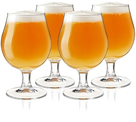 True Classic Tulip Beer Glasses, Sparkling Clear Drinking Glasses for Belgian Ales, Sours, IPA Beers, Cocktails, Gifts for Men, Game Night, Happy Hour, Home Bar, Elegant Glassware, 15 oz, Set of 4