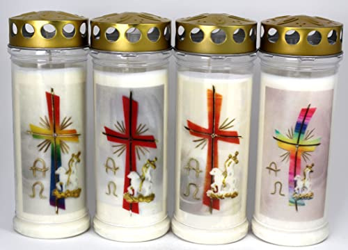 Kerzen Junglas - 4 Grabkerzen Ostern mit 7 Tagen Brenndauer, (3853), schöne Grablichter mit Spruch und Motiv, mit Deckel, Grabschmuck wetterfest, Trauerkerzen mit Spruch, Friedhofskerzen