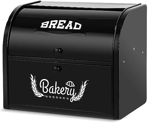 Large Capacity Double Compartment Bread Box Roll Top Bread Box Kitchen Food Storage Bin, Metal Bread Container, Counter-top Bread Keeper Double Layer Bread Storage,No Installation Required (Black)