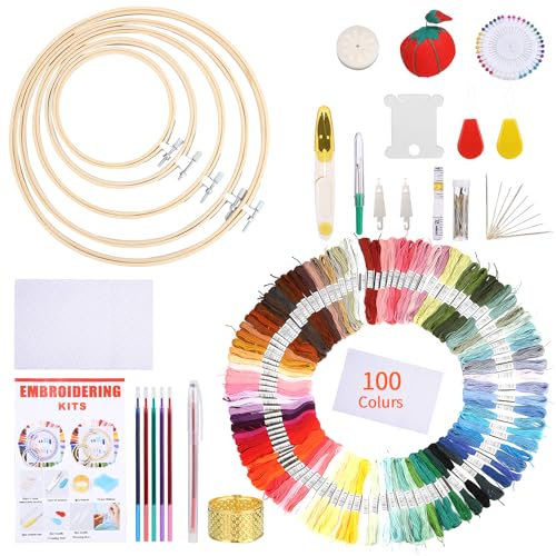 LEAZZLE 205 PCS Stickerei Set,Stickset für Anfänger,100 Farbfäden,40 Nähnadel,3 PCS Aida Tuch,5 PCS Bambus Stickrahmen, Kreuzstich Set für Erwachsene und Kinder Anfänger(mit Anleitung)