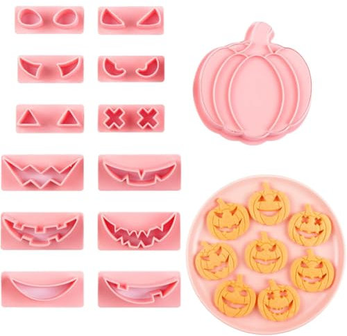Juego de cortadores de galletas de Halloween de 14 piezas de plástico 3D prensable con cabeza de calabaza para Halloween, cortadores de fondant estampados en relieve para suministros