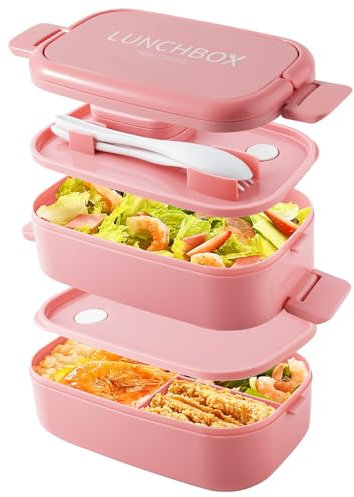 HENSHOW Bento Lunch Box, 1500ml Boîtes Bento Adulte 2 Couche Boîte Repas Compartiment Lunchbox Micro Ondes avec Couverts et Boîte à Sauce, Sans BPA Anti Fuite Bento Box pour Travail (Rose)