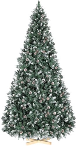 Clevich 270cm Albero di Natale Innevato, Albero di Natale Artificiale Folto, Aghi di Pino Pretrattati Realistici, con Pigne, Base di Legno, 2500 Punte, Facile Montaggio, per Casa, Ufficio e Negozio