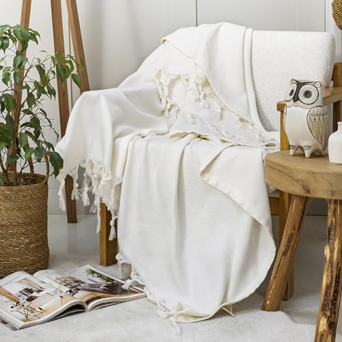 Milam London Throws for Sofas Small, Single Blankets and Throws for Chairs, Settee, Couch, Bed, Car Blanket, Lightweight Summer Blanket, Thin Throw, 130 x 180 cm Cream