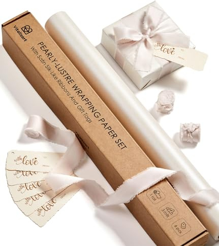 Vitalizart 43cm*5m White Gift Wrapping Paper Set, Pearly-Lustre With Light Nude Silky Satin Ribbon & Gift Tags Recyclable, Wrapping Paper Roll for Christmas Birthday Wedding Gift & Handmade Crafts