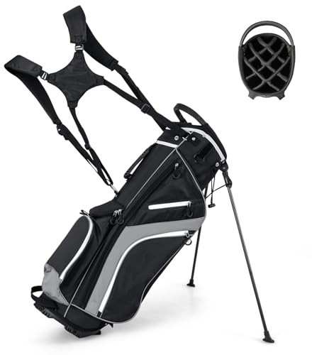 COSTWAY Golf Stand Bag, Lightweight Golf Club Bags with 14 Way Top Dividers, 6 Pockets, Cooler Bag, Dual Strap and Rain Hood, Waterproof Golf Trolley Bag for Men & Women (Grey)