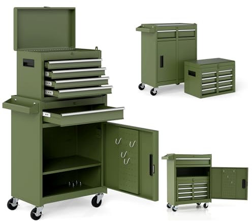 TANGZON Rolling Tool Chest, 2-in-1 Large Capacity Tool Cabinet with Wheels, 5 Drawers & Auto-Locking System, Heavy-Duty Metal Toolbox for Workshop, Warehouse, Garage (Green)