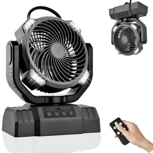 Timiyou Camping Ventilator,10000mAh Tischventilator Sehr Leise mit Licht,Fernbedienung,Powerbank,4 Geschwindigkeiten,Haken,Timer,USB Ventilator zubehör für Outdoor Camping Picknick Grill Angeln Büro