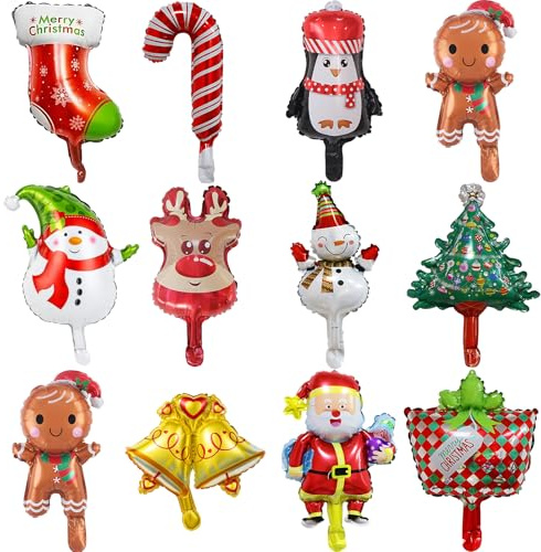 12Pcs Christmas Foil Balloons, Santa Helium Balloons for Mini Christmas Party Decorations, Festive Foil Balloon for Holiday Gatherings, Christmas's Tree and Santa Designs
