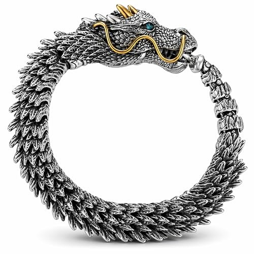 IRTA LONDON Dragon Bracelet, Oxidised Silver, 3D Norse Viking Scale Texture, Gothic Biker Fantasy Jewellery, Gift Box Included