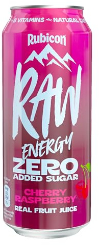 Rubicon Raw Cherry Raspberry ZAS Energy Drink, 12 Pack, 500ml Cans | Natural caffeine energy drink crafted with 20% real fruit juice in cherry raspberry flavour.