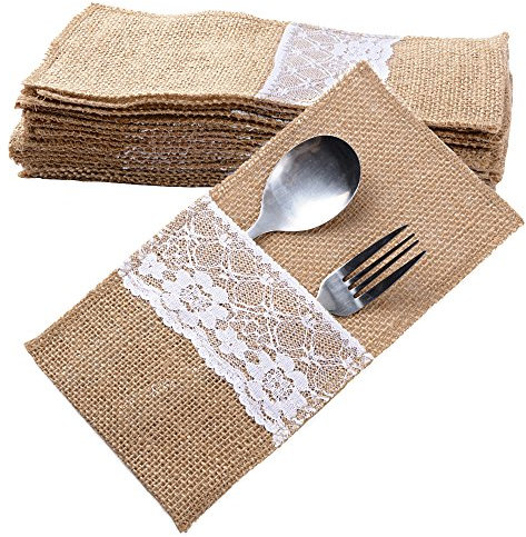 20 Stück Jute Bestecktaschen Besteckbeutel Besteckhalter Sackleinen mit Spitze Messer und Gabeln Besteck Set Hochzeit Vintage Deko Tischdeko für Party Hochzeit Zuhause