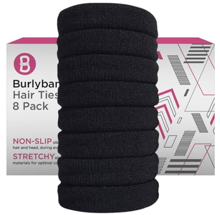 Burlybands Large Hair Ties for Thick, Heavy or Curly Hair - Non-Slip, Non-Damage, Seamless Women's Ponytail Scrunchies - Black, 8 Pcs