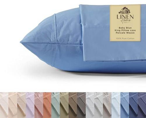 Linen Home 100% Cotton Percale Pillowcases King Size, Baby Blue, 2 Pieces of Pillow Case, Crisp and Cool Strong Bed Linen, 20 inches X 40 inches