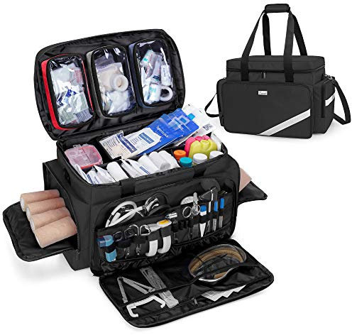 Trunab Tasche Medizinische Leer Schwarz, Erste-Hilfe-Tasche Professionelle Arzttasche Große Kapazität mit Interior Division Board und Rutschfestem Boden, Home Nurse Case Krankenschwester