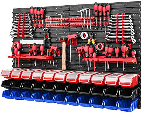 Werkzeugwand - 1152 x 780 mm - Lagersystem SET Lochwand mit Werkzeughaltern und Stapelboxen mit Deckel - Wandregal Werkstattregal Schüttenregal Sichtlagerkästen (Blau/Rot/Schwarz)