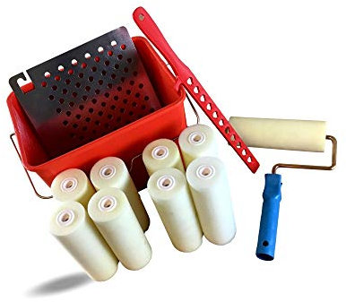 Lot de 6 ensembles à peindre complets | 9 rouleaux mousse alésage 8 mm | Monture courte | Seau 10 litres | Mélangeur plastique | Grille essorage acier galvanisé | Kibros SO108Ax6