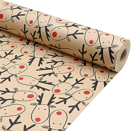 43cm *15m Christmas Wrapping Paper Roll,Recyclable Brown Gift Wrapping Paper With Elk for Xmas Party Gifts, Birthday,Graduation,ECO-friendly Present Decorations-Elk head