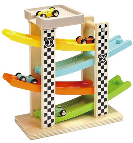 Kugelbahn Holz ab 1 Jahr, Kikuo Kugelbahn Auto mit 4 Mini Autos, Ohne BPA, Kugelbahns Aus Holz, Autorennbahn Holzs Spielzeug für EIN Zwei Jahre Altes Auto Spielzeug