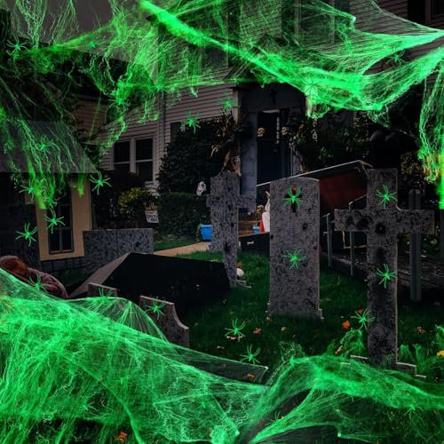 Hengrongshen Luminosa Ragnatele Halloween Decorazioni, 200g Ragnatela Halloween Decorazione con 30 Luminosa Ragni Halloween, Ragnatele Finte Luminosa per Halloween Decorazioni Interno & Esterno