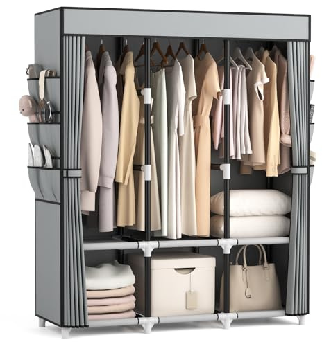 VTRIN Portable Closet Wardrobe for Hanging Clothes Closet with Cover, 3 Hanging rods, 6 Storage Shelves and Side Pocket, Diameter 19mm Metal Pipe, Sturdy Free Standing Closet for Bedroom