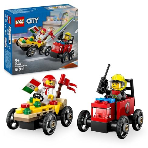 LEGO City Pizza vs. Fire Truck Race Car Pack Toy - Soapbox Car Toys for 5+ Year Old Boys & Girls - Fun Holiday or Birthday Gifts - Vehicle Set Includes 2 Minifigures - 60458