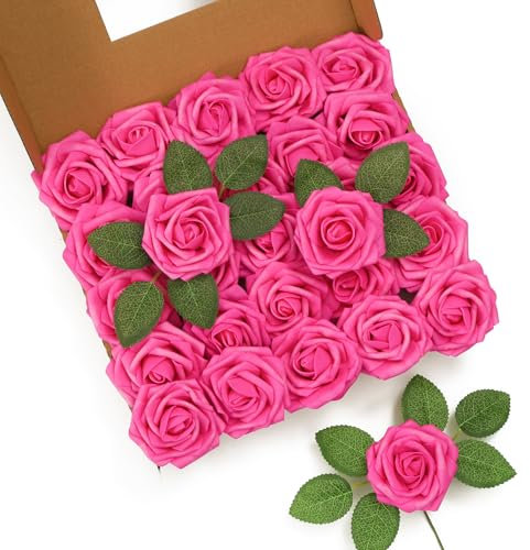 LEUCHTAMOR Lot de 25 roses artificielles en mousse au toucher réaliste pour bouquets de mariage, centres de table, arrangements floraux, fête, décoration d'intérieur - Rose vif