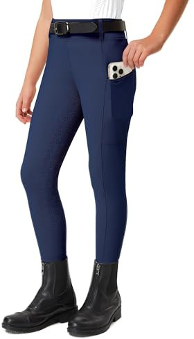 FitsT4 Sports Reithose Kinder Mädchen Reitleggings Reiterhosen Silikon Vollbesatz Reiten Hosen Sommer mit 2 Seitlichen Taschen und Gürtelschlaufen,Marineblau,S