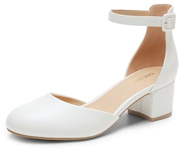 DREAM PAIRS Dam stängd rund tå låga block klackar ankelrem tjock häl pumps klänning bröllop kontor fest skor, Vitt, 43 EU