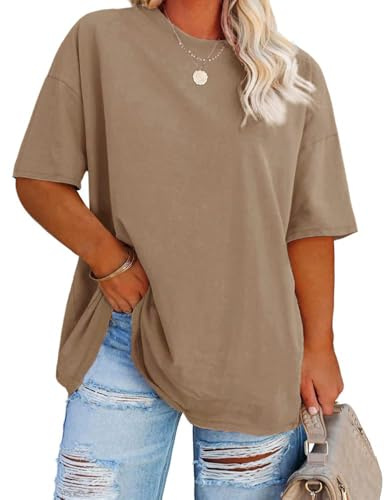 Fisoew Señoras Tallas Grandes Camiseta Media Manga Camisa con Cuello en V Verano Suelta Top Básico Sobredimensionado Manga Corta Algodón tee Tops(1-Caqui, XXL)