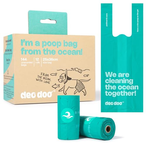 Deo Doo Dog Poop Bags with Handles 100% PCR from Ocean 12 Rolls 144 Counts Big Sizes Leak Proof and Extra Thick Waste Bags Refill Rolls for Walking Small Medium Large Dogs Cats Litter Unscented