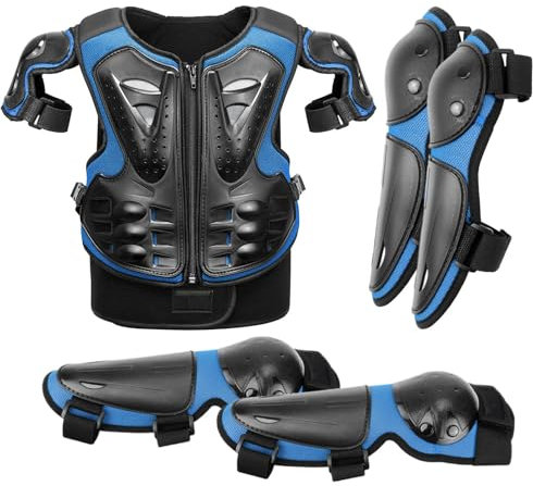 Lot de 5 Vestes de Protection de Moto pour , avec genouillères, coudières, plastrons de Course, pour Sports de Plein air, 4/6/8/10/12/14 Ans, Bleu Noir