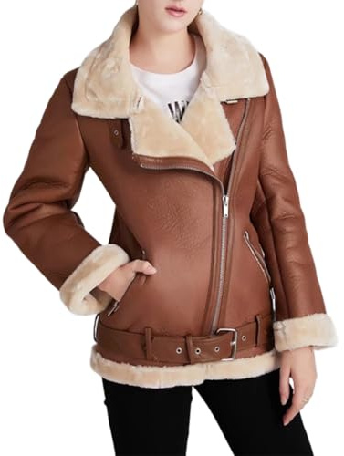 M&Catree Chaqueta Mujer de Ante Sintético, Cazadora Moto Biker con Forro de Borreguito, Abrigo Invierno Aviador Bomber con Pelo Sintético - Marrón # Piel sintética, XL