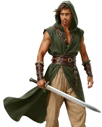 LYBOHO Renaissance Túnica con capucha para hombre, chaleco medieval, capa para disfraz vikingo, Halloween, carnaval (verde militar, L)