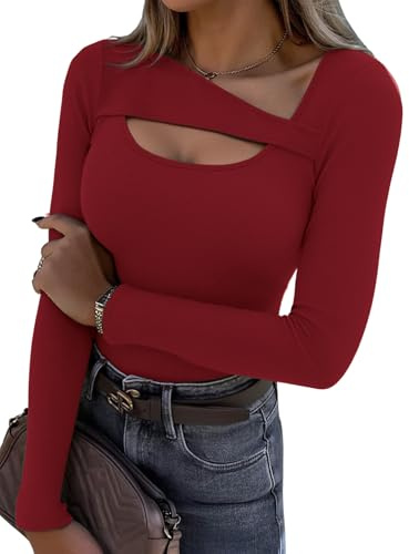 Aottori Maglia Donna Manica Lunga Scollo Asimmetrico Costine Slim Fit | Maglietta, Aderente, Basic Top, Elegante, T-Shirt, Elasticizzato, Tinta Unita, Casual