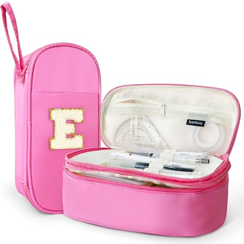 SparkleJoy Pennfodral med bokstäver pennfodral 2 fack pennfodral pennor dubbeldäckare, stor kapacitet pennfodral lämplig flicka/tonåringar, för skola och kontor, ROSA, 23.5 cm × 11 cm × 6 cm, E