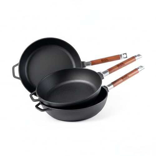 BIOL Lot de 3 poêles en fonte 24 cm + 26 cm + 28 cm – Avec poignées en bois amovibles – Pour induction, gaz, barbecue et four