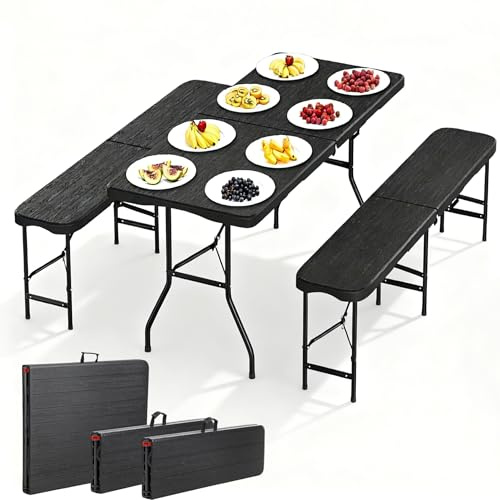 Peviasot Juego de mesa y 2 bancos de cerveza, plegable, para interior y exterior, 180 x 74 x 74 cm, mesa plegable de plástico, aspecto de vetas de madera, mesa de jardín con asas
