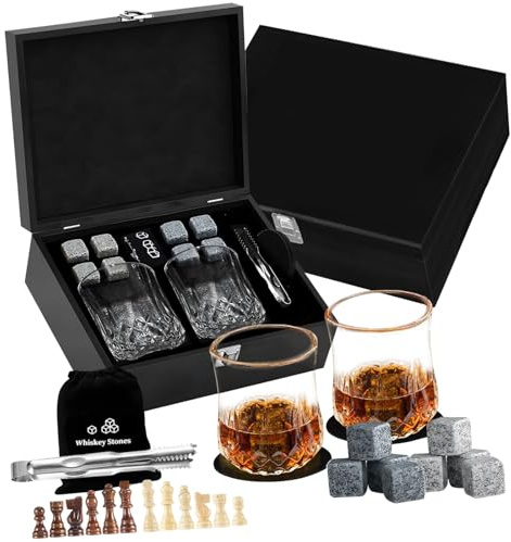 Nucelit Whiskeyentusiaster set med 2 glas kylsten och strategispel förvaringsfodral whisky glas set med issten
