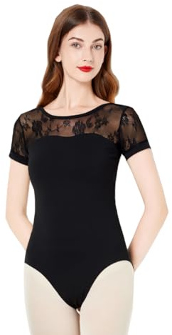 Lanbodance Leotardo de ballet de manga corta para mujer, leotardo de gimnasia y danza para adultos body, Negro (Black Lace), XL